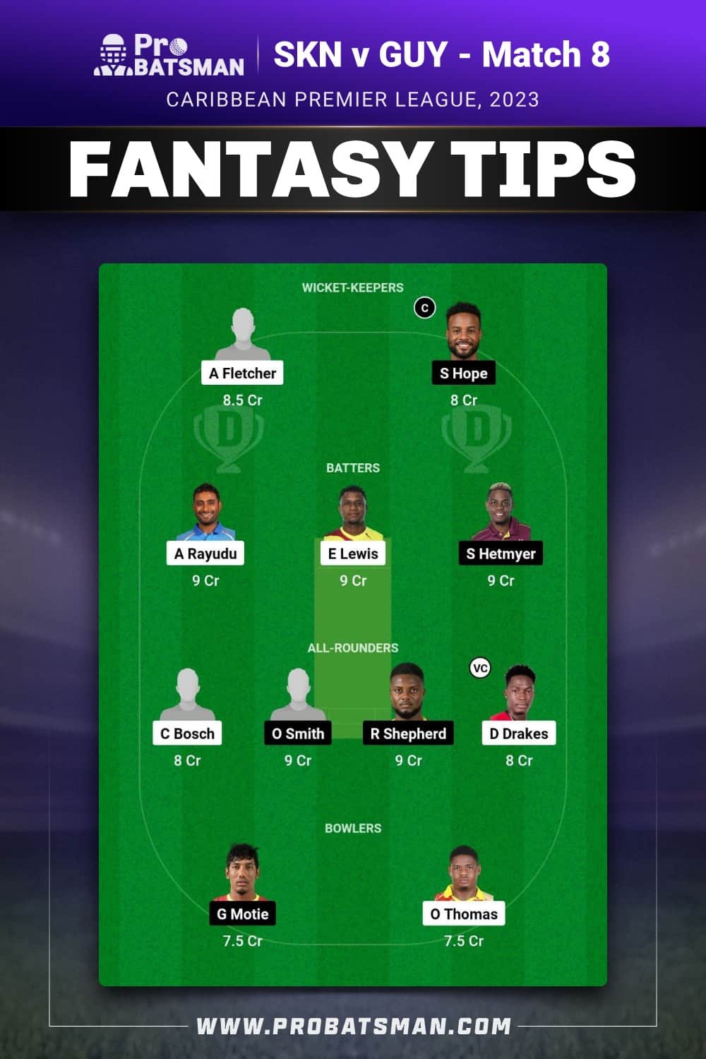 SKN vs GUY Dream11 Prediction With Stats, Pitch Report & Player Record of CPL, 2023 For Match 8