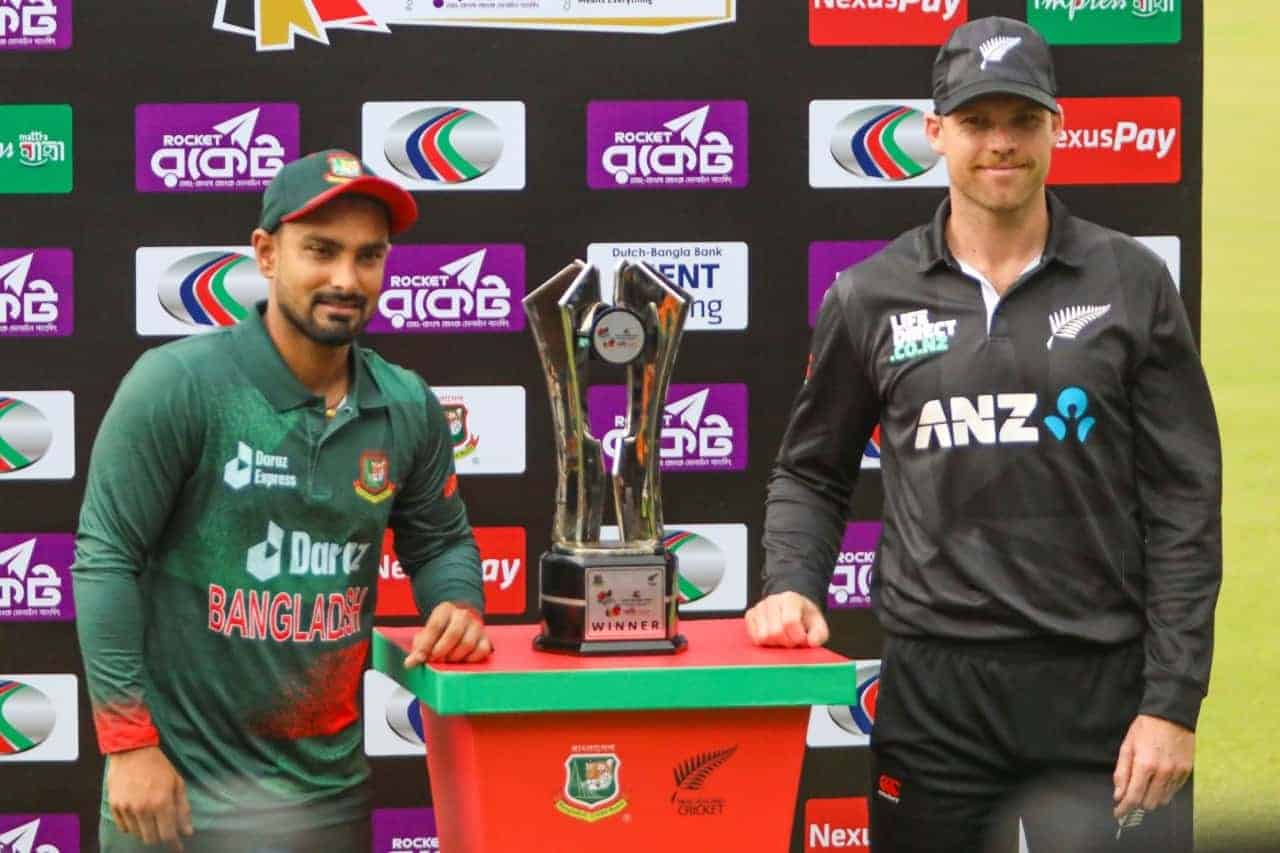 BAN vs NZ Dream11 Prediction With Stats, Pitch Report & Player Record of New Zealand tour of Bangladesh, 2023 For 3rd ODI Litton Das of Bangladesh and Lockie Ferguson of New Zealand with tour trophy of BAN vs NZ 2023