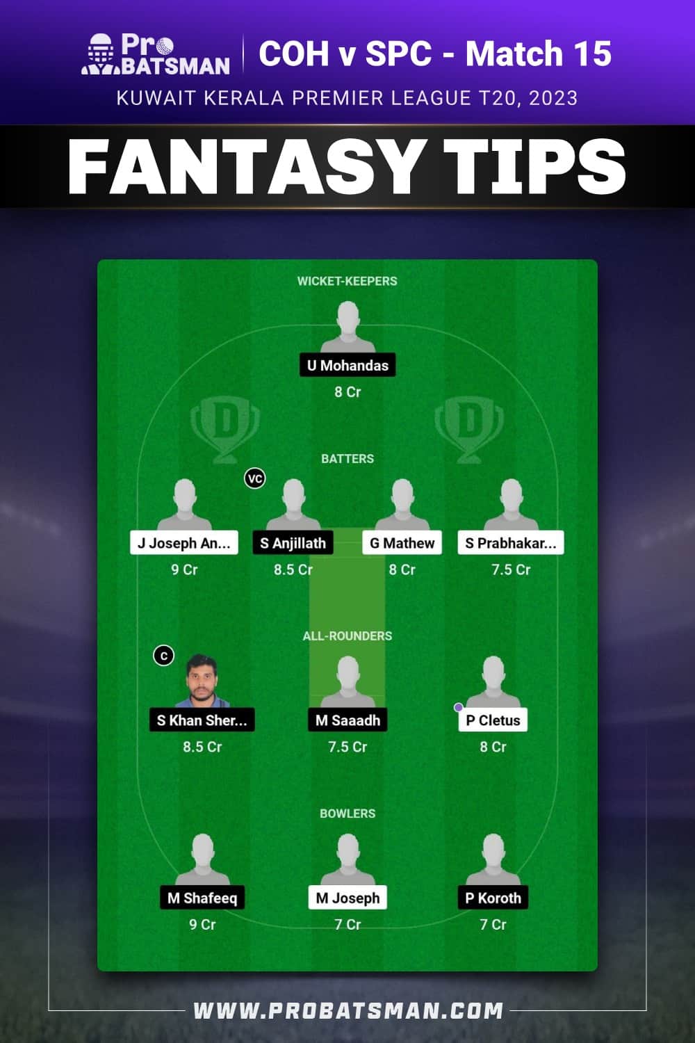 COH vs SPC Dream11 Prediction - Fantasy Team 2 COH vs SPC Dream11 Prediction - Fantasy Team 2