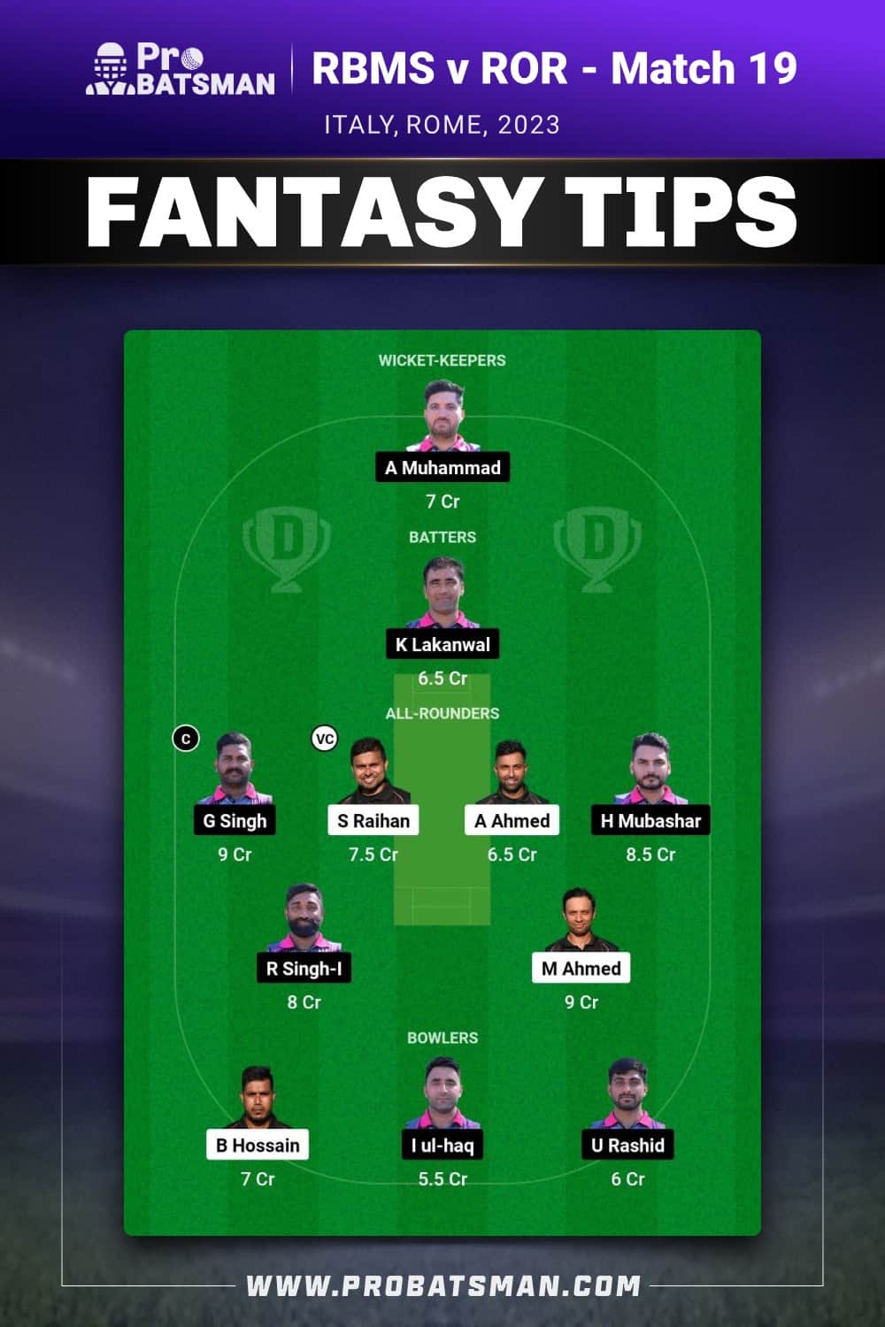 RBMS vs ROR Dream11 Prediction - Fantasy Team 1 RBMS vs ROR Dream11 Prediction - Fantasy Team 1
