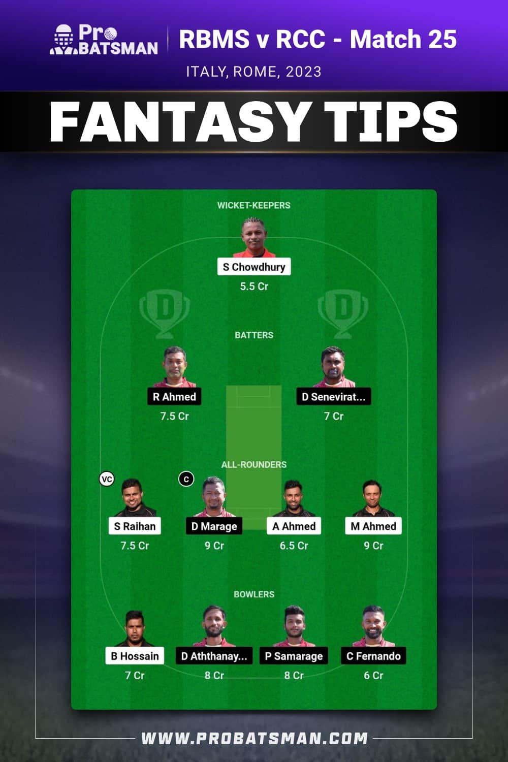 RBMS vs RCC Dream11 Prediction With Stats, Pitch Report & Player Record of ECS Italy, Rome, 2023 For Match 25