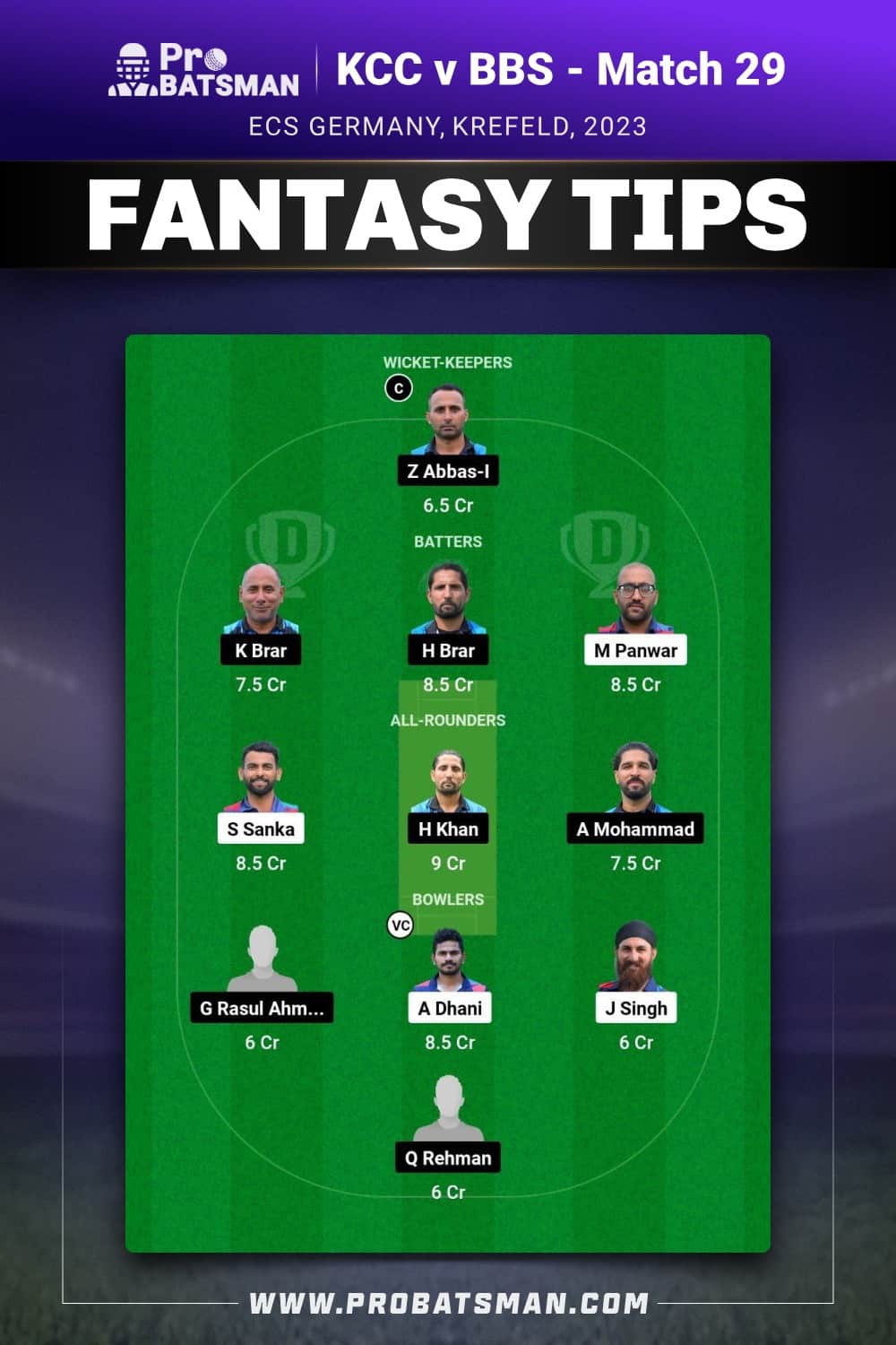 KCC vs BBS Dream11 Prediction With Stats, Pitch Report & Player Record of ECS Germany, Krefeld, 2023 For Match 29 KCC vs BBS Dream11 Prediction - Fantasy Team 2
