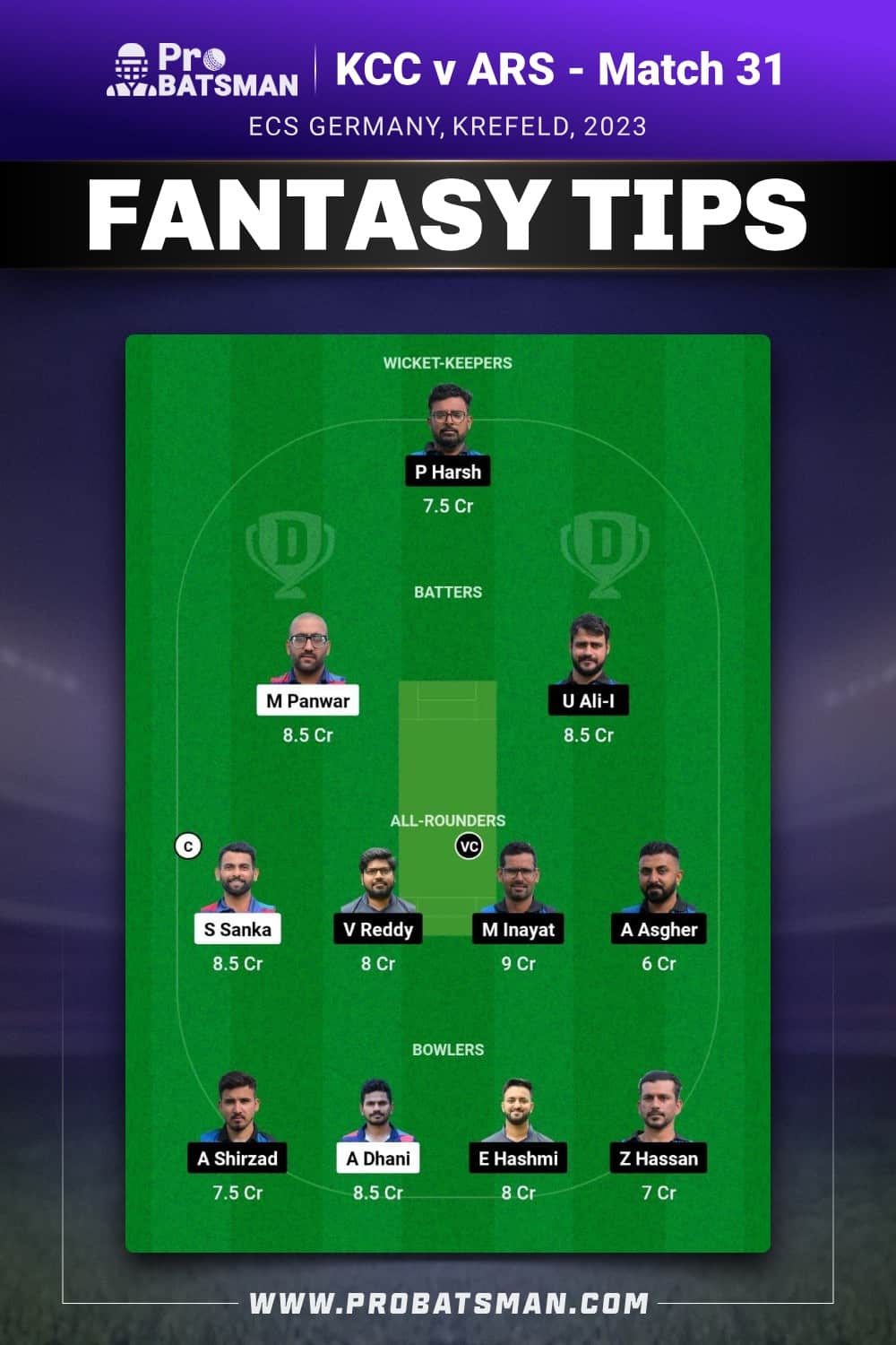 KCC vs ARS Dream11 Prediction - Fantasy Team 1 KCC vs ARS Dream11 Prediction - Fantasy Team 1