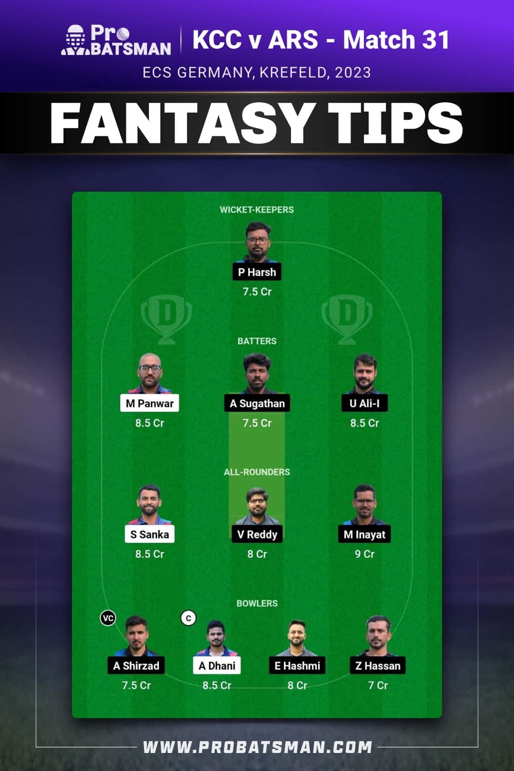 KCC vs ARS Dream11 Prediction - Fantasy Team 2 KCC vs ARS Dream11 Prediction - Fantasy Team 2