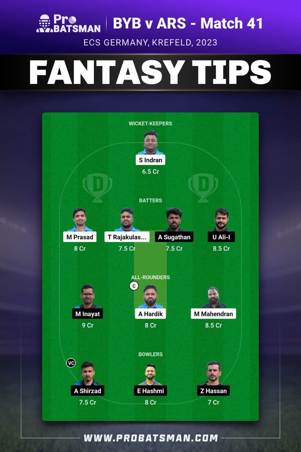 BYB vs ARS Dream11 Prediction - Fantasy Team 1 BYB vs ARS Dream11 Prediction - Fantasy Team 1