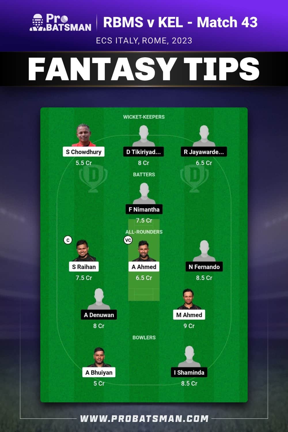 RBMS vs KEL Dream11 Prediction With Stats, Pitch Report & Player Record of ECS Italy, Rome, 2023 For Match 43 RBMS vs KEL Dream11 Prediction With Stats, Pitch Report & Player Record of ECS Italy, Rome, 2023 For Match 43