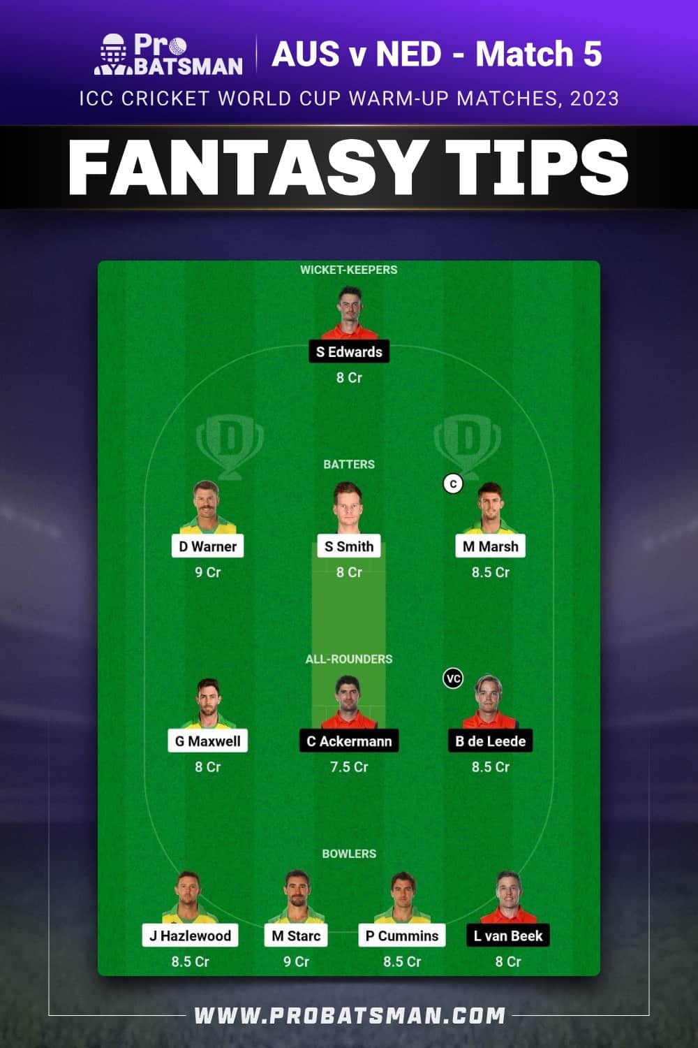 AUS vs NED Dream11 Prediction - Fantasy Team 2