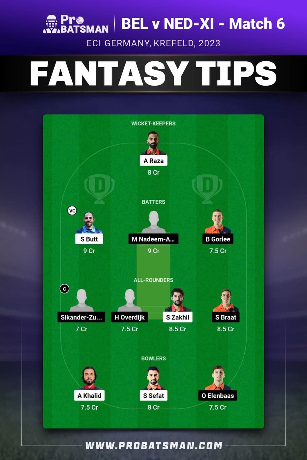 BEL vs NED-XI Dream11 Prediction - Fantasy Team 1 BEL vs NED-XI Dream11 Prediction - Fantasy Team 1