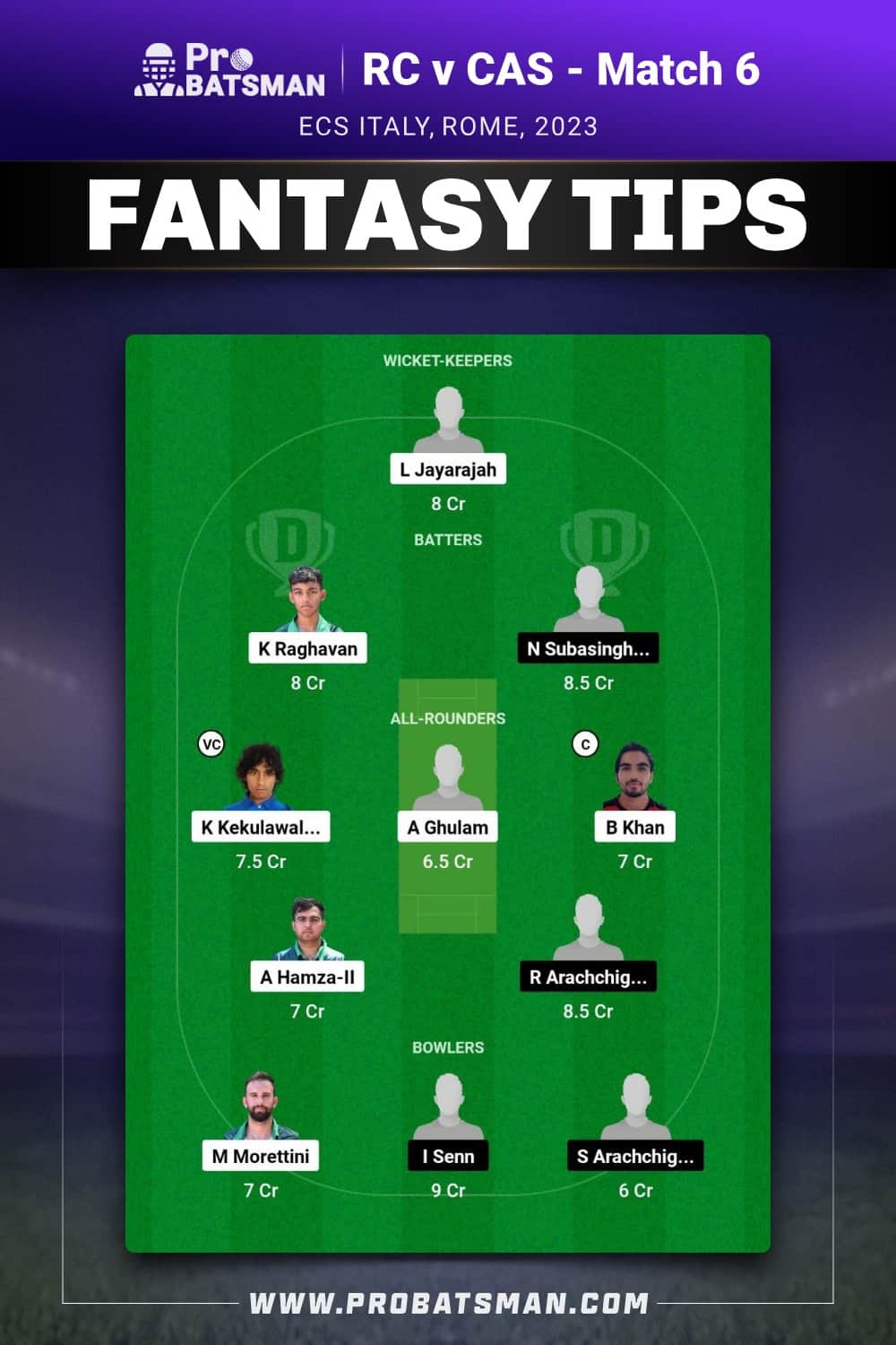 RC vs CAS Dream11 Prediction - Fantasy Team 1 RC vs CAS Dream11 Prediction - Fantasy Team 1