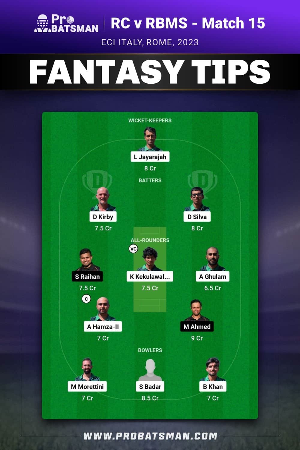 RC vs RBMS Dream11 Prediction - Fantasy Team 1 RC vs RBMS Dream11 Prediction - Fantasy Team 1