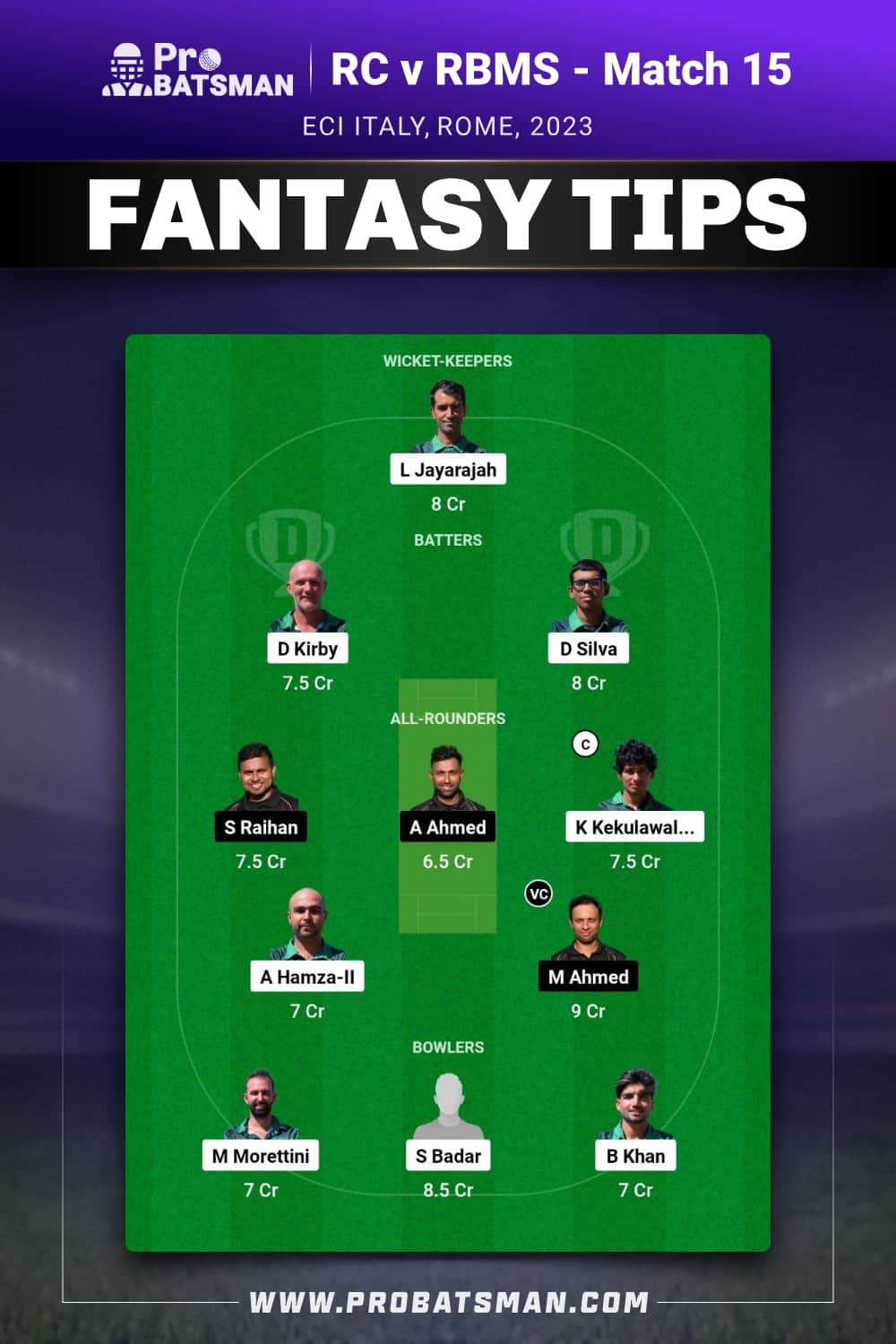 RC vs RBMS Dream11 Prediction - Fantasy Team 2 RC vs RBMS Dream11 Prediction - Fantasy Team 2