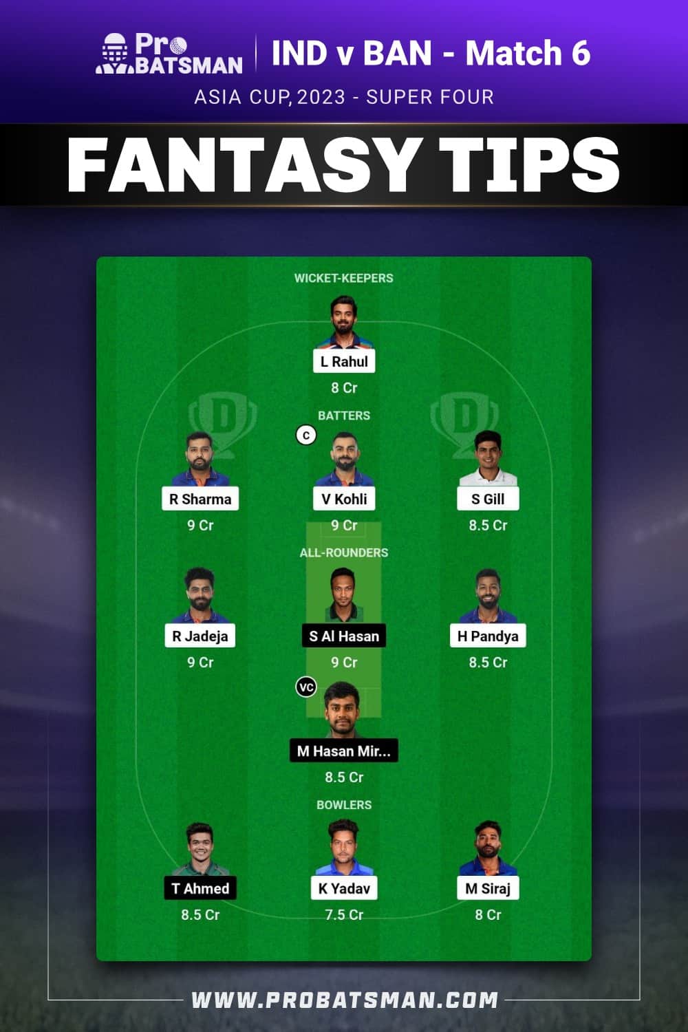 IND vs BAN Dream11 Prediction With Stats, Pitch Report & Player Record of Asia Cup, 2023 For Super-Four Match 6