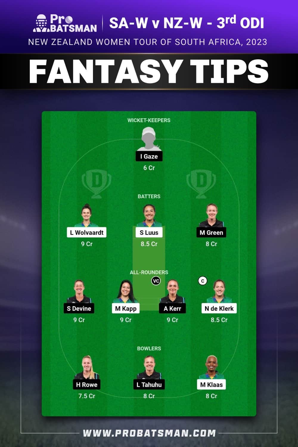 SA-W vs NZ-W Dream11 Prediction - Fantasy Team 1 SA-W vs NZ-W Dream11 Prediction - Fantasy Team 1