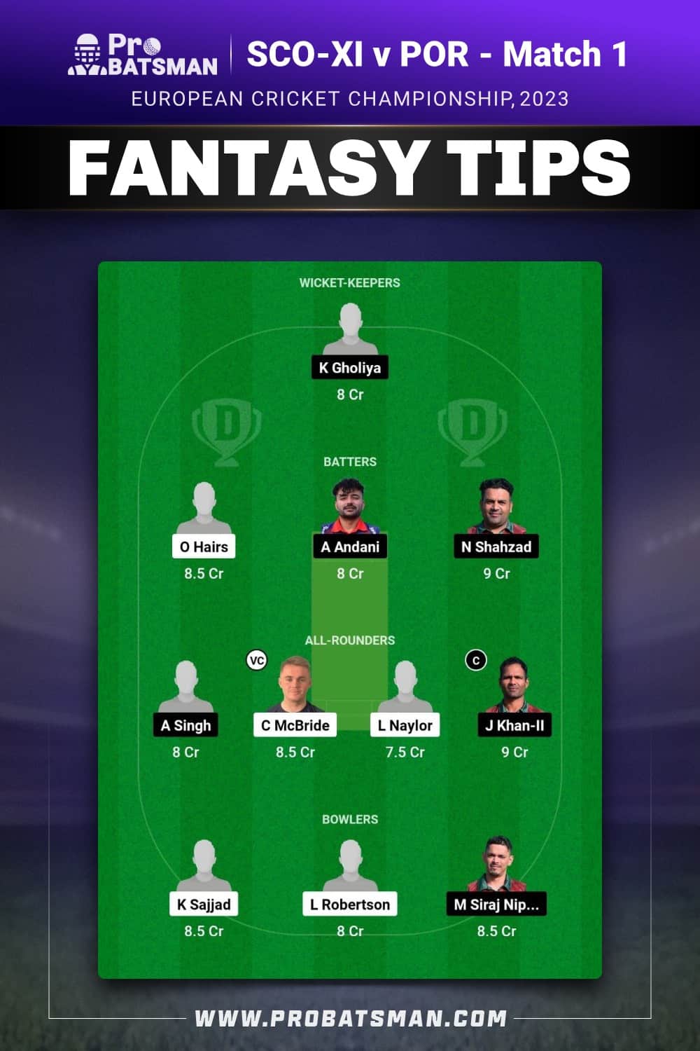 SCO-XI vs POR Dream11 Prediction - Fantasy Team 1