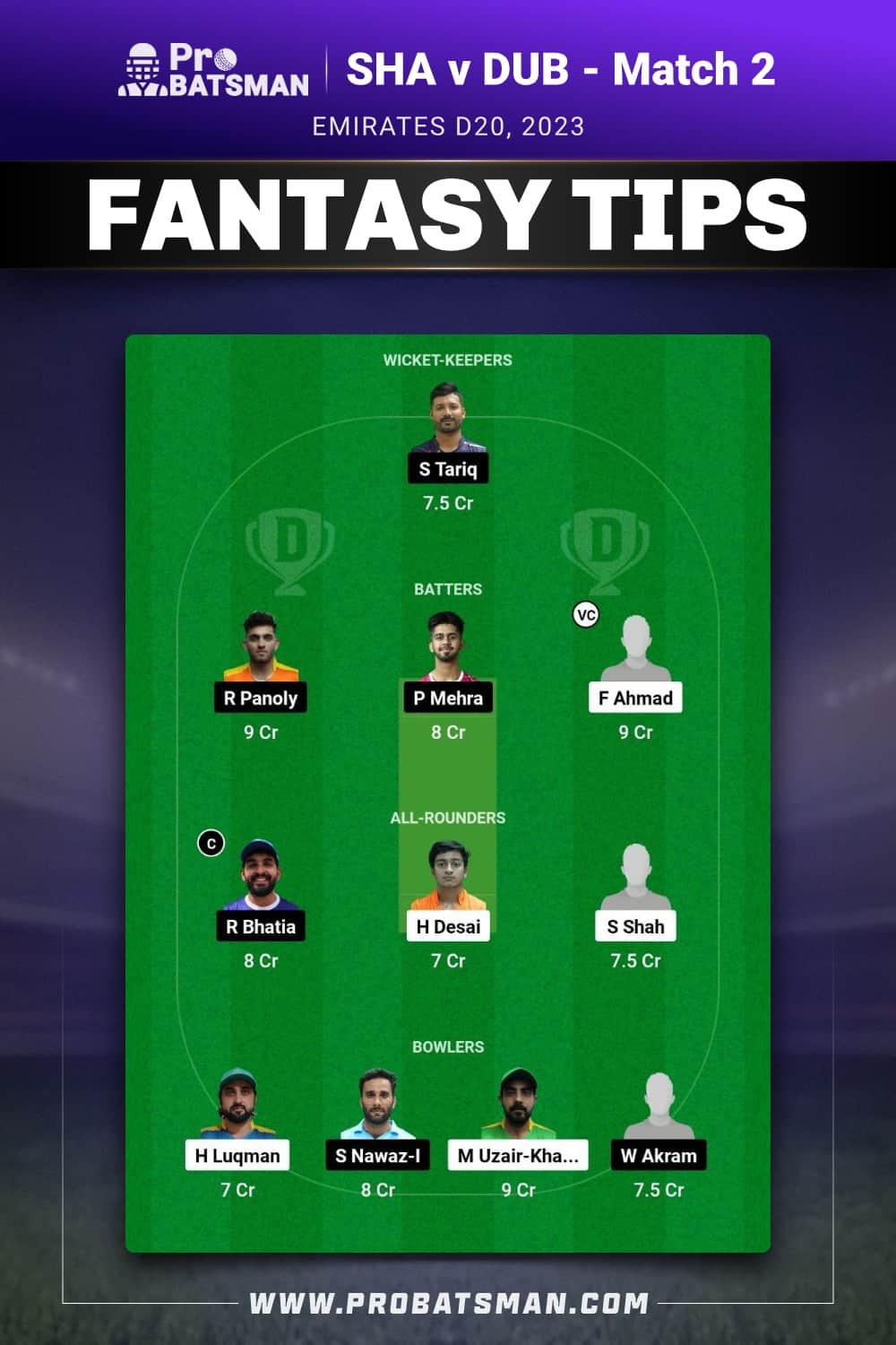 SHA vs DUB Dream11 Prediction - Fantasy Team 2 SHA vs DUB Dream11 Prediction - Fantasy Team 2