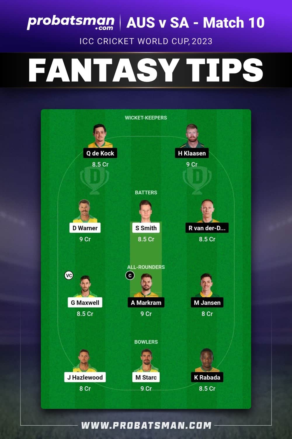 AUS vs SA Dream11 Prediction - Fantasy Team 1