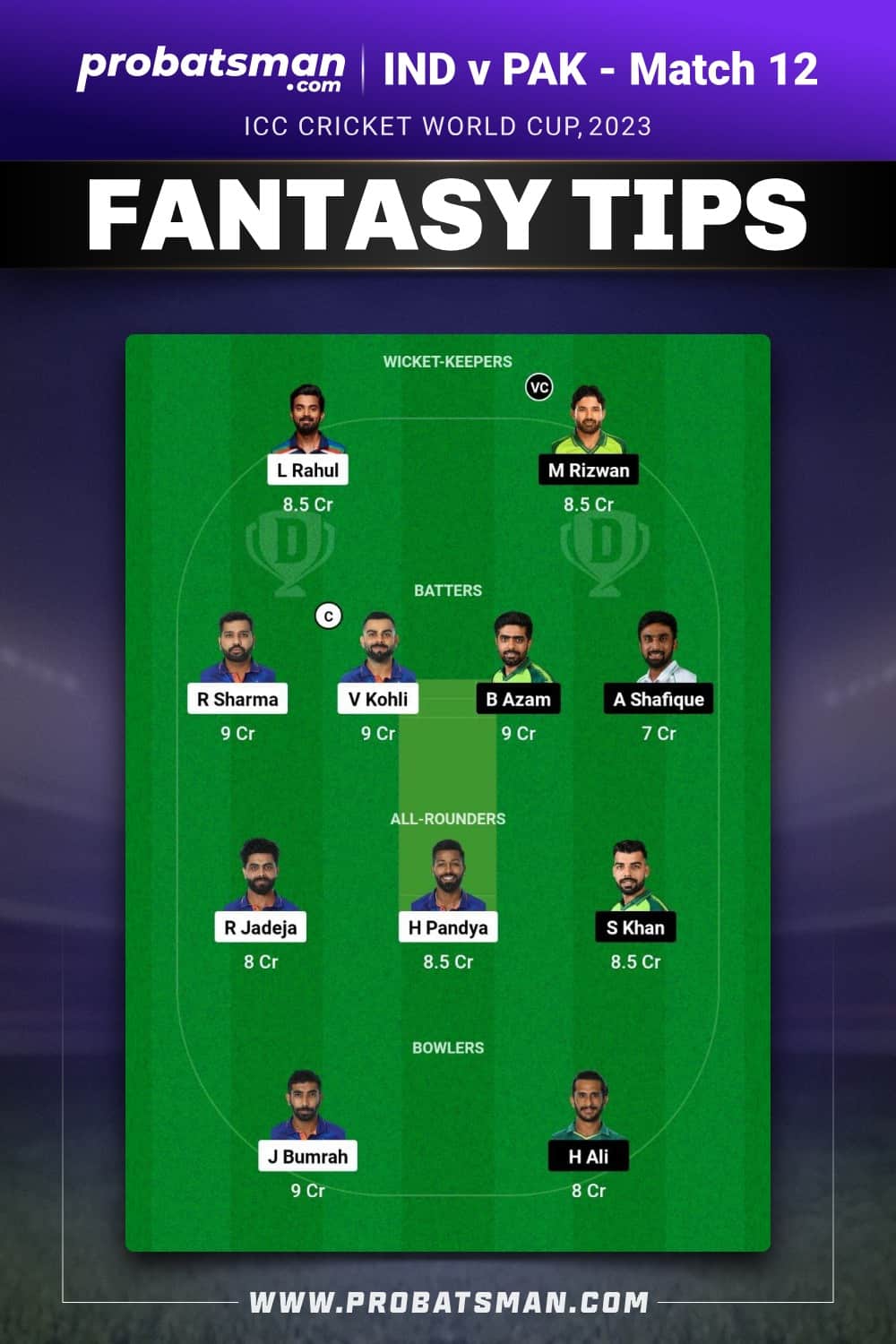 IND vs PAK Dream11 Prediction - Fantasy Team 1 IND vs PAK Dream11 Prediction - Fantasy Team 1