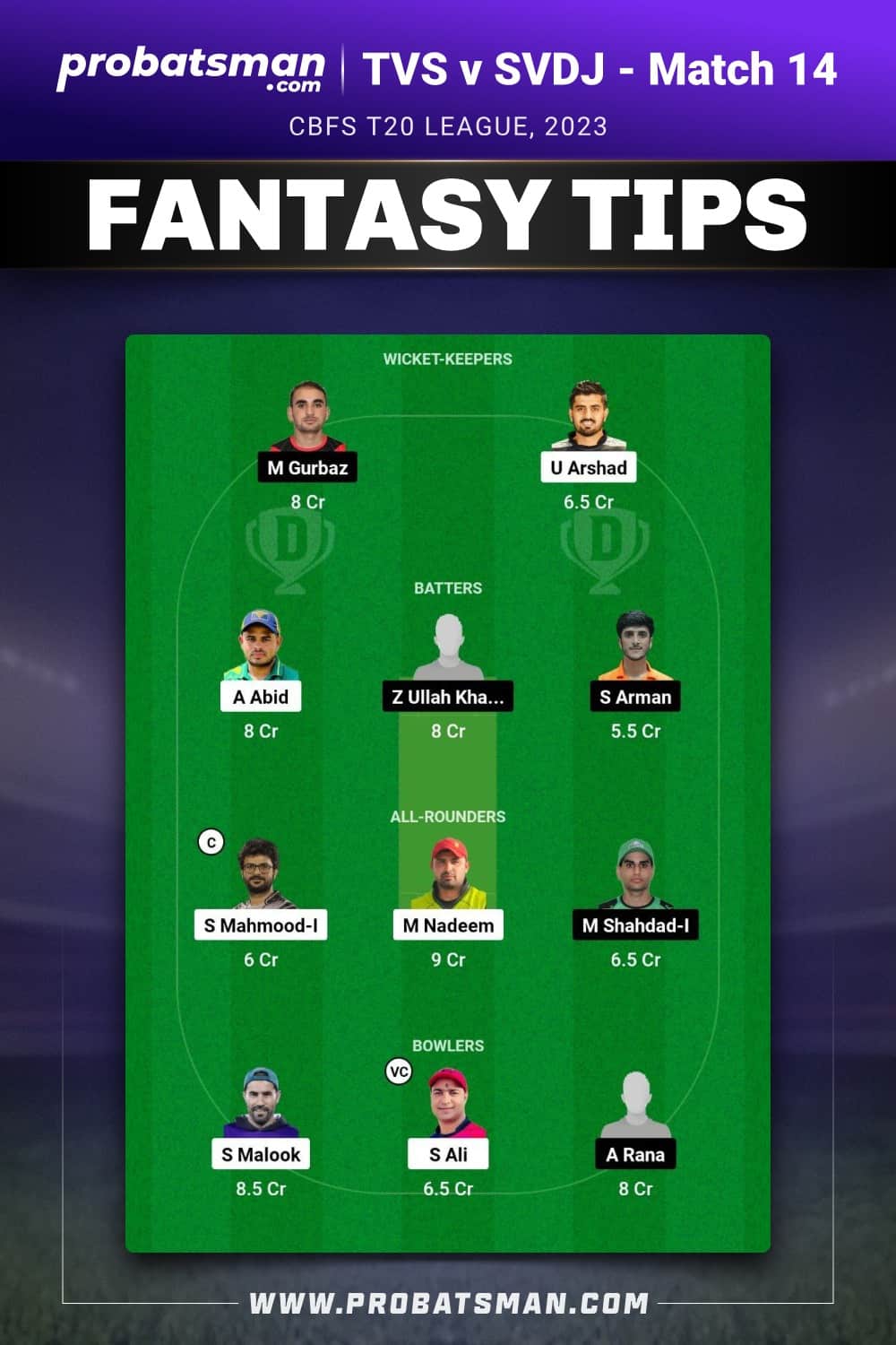 TVS vs SVDJ Dream11 Prediction - Fantasy Team 2 TVS vs SVDJ Dream11 Prediction - Fantasy Team 2