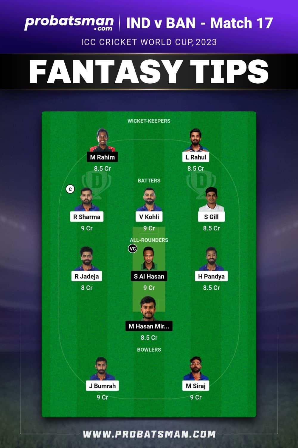 IND vs BAN Dream11 Prediction - Fantasy Team 1