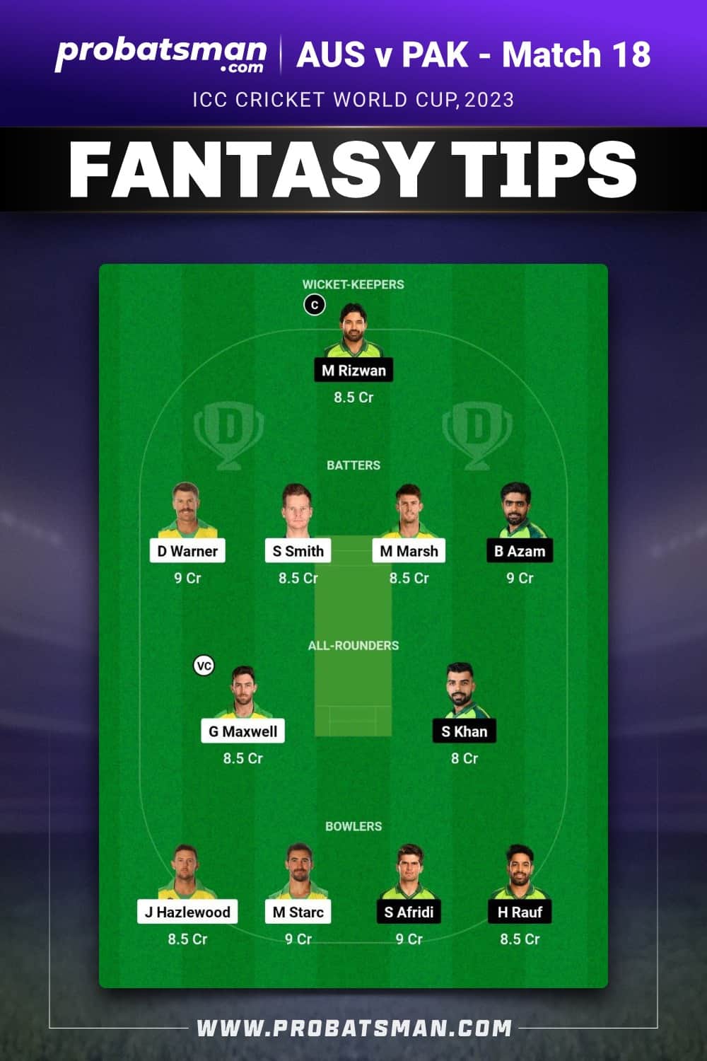 AUS vs PAK Dream11 Prediction - Fantasy Team 1