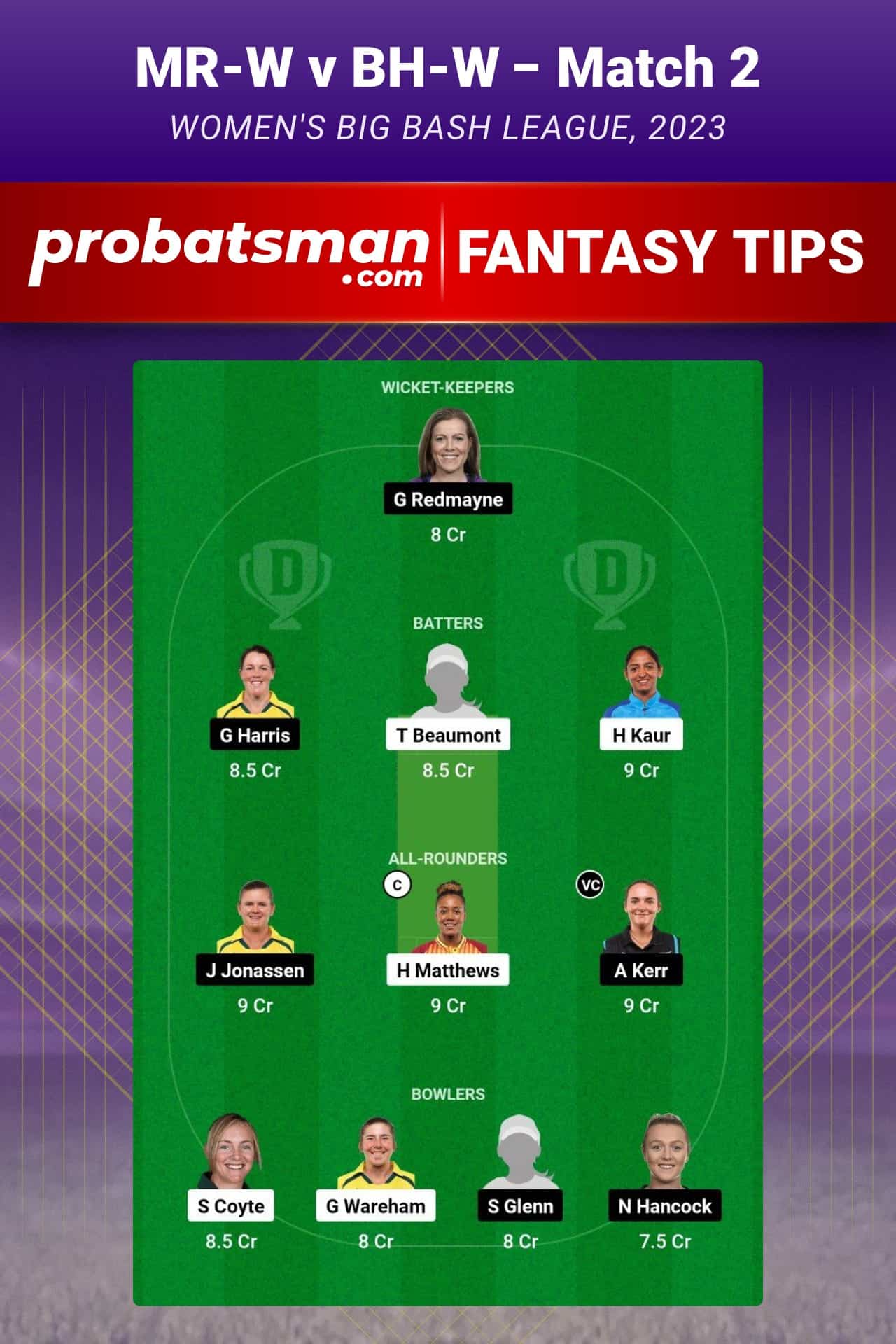 MR-W vs BH-W Dream11 Prediction - Fantasy Team 1 MR-W vs BH-W Dream11 Prediction - Fantasy Team 1