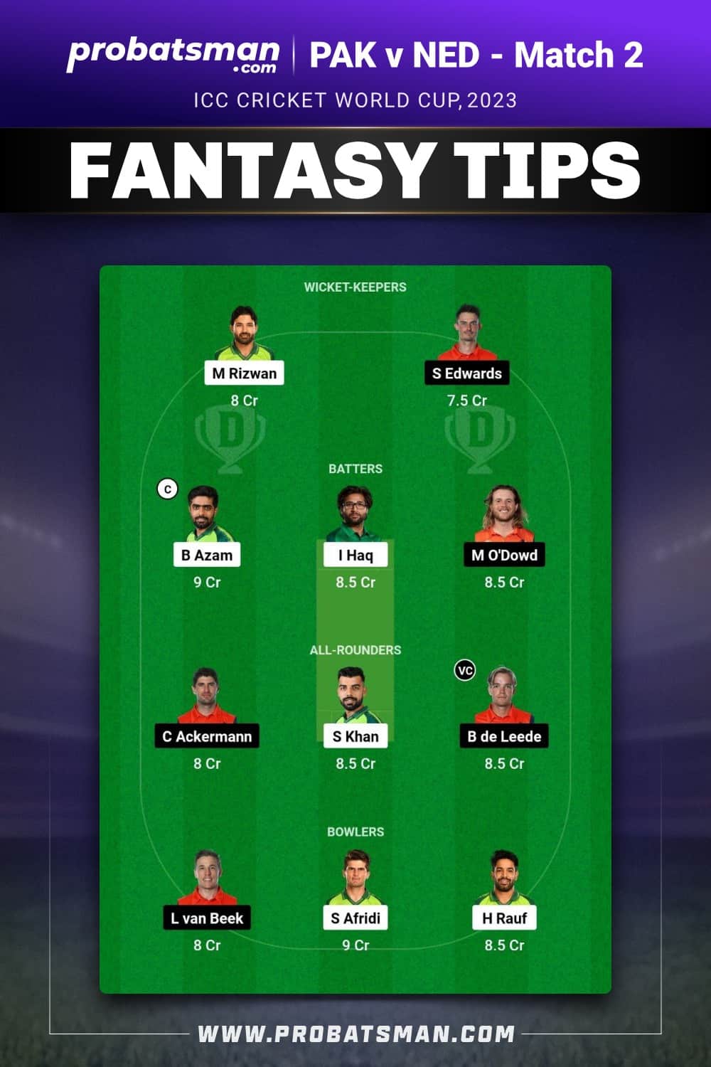 PAK vs NED Dream11 Prediction - Fantasy Team 1