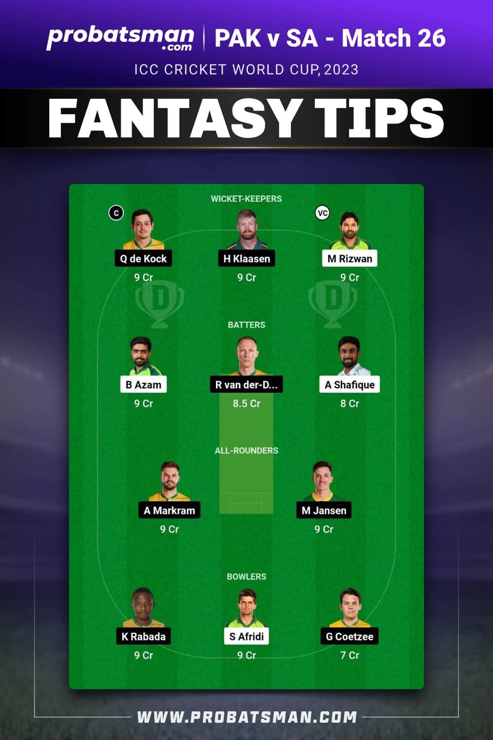 PAK vs SA Dream11 Prediction - Fantasy Team 1