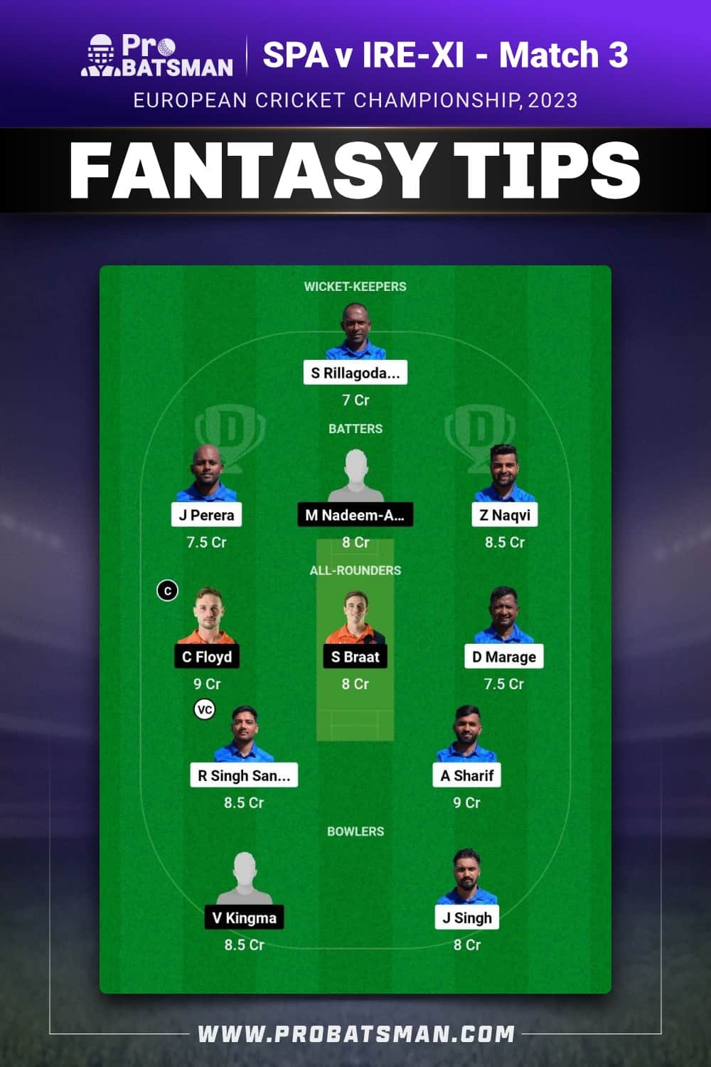 SPA vs IRE-XI Dream11 Prediction - Fantasy Team 1