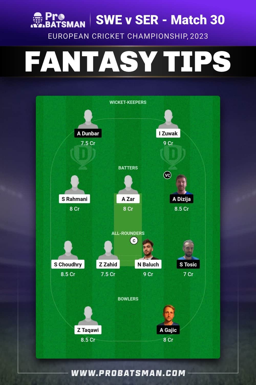 SWE vs SER Dream11 Prediction With Stats, Pitch Report & Player Record of European Cricket Championship, 2023 For Match 30