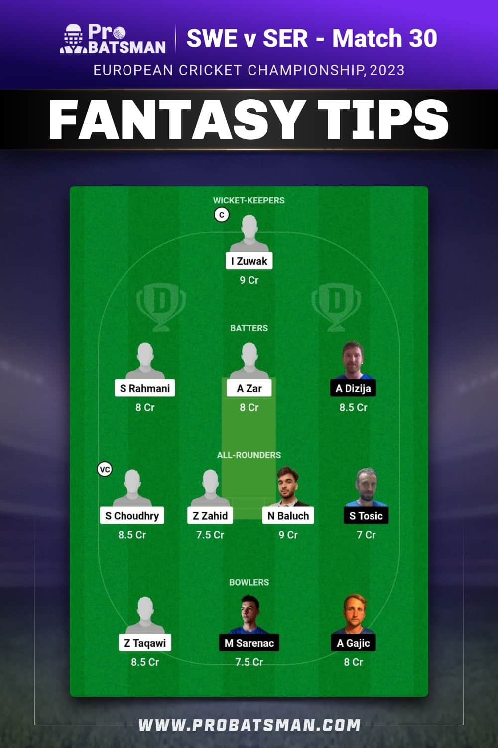 SWE vs SER Dream11 Prediction With Stats, Pitch Report & Player Record of European Cricket Championship, 2023 For Match 30