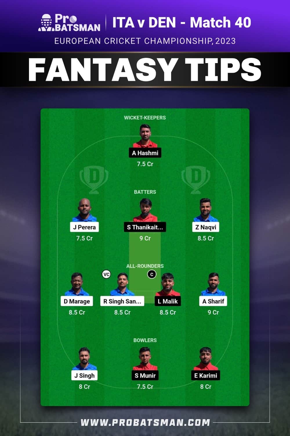ITA vs DEN Dream11 Prediction With Stats, Pitch Report & Player Record of European Cricket Championship, 2023 For Match 40 ITA vs DEN Dream11 Prediction - Fantasy Team 2