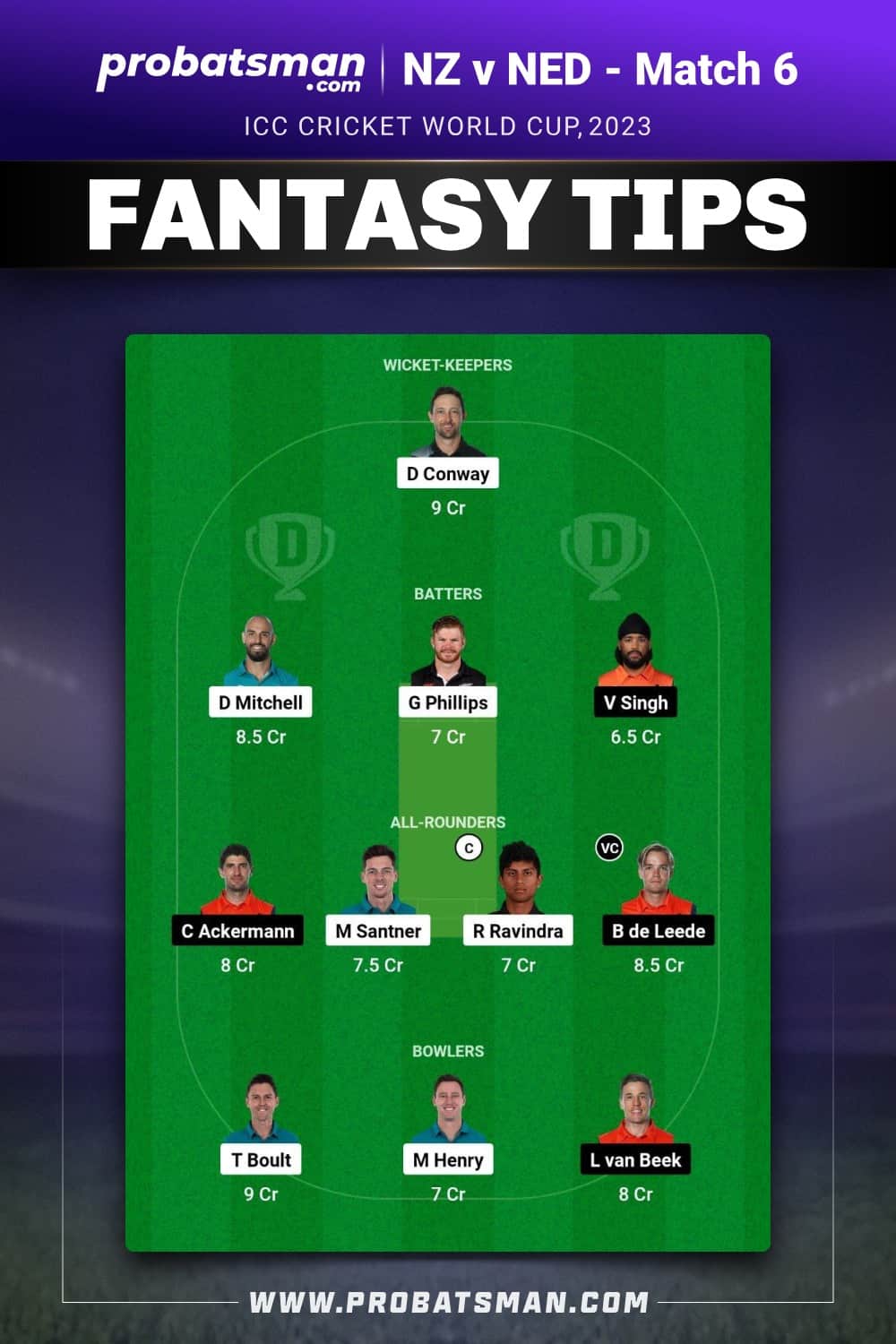 NZ vs NED Dream11 Prediction - Fantasy Team 1
