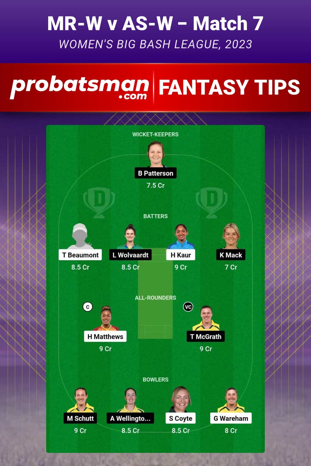 MR-W vs AS-W Dream11 Prediction - Fantasy Team 1 MR-W vs AS-W Dream11 Prediction - Fantasy Team 1