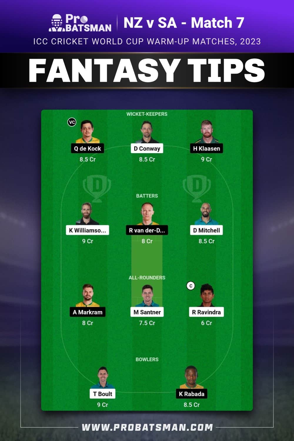 NZ vs SA Dream11 Prediction With Stats, Pitch Report & Player Record of ICC Cricket World Cup Warm-up Matches, 2023 For Match 7