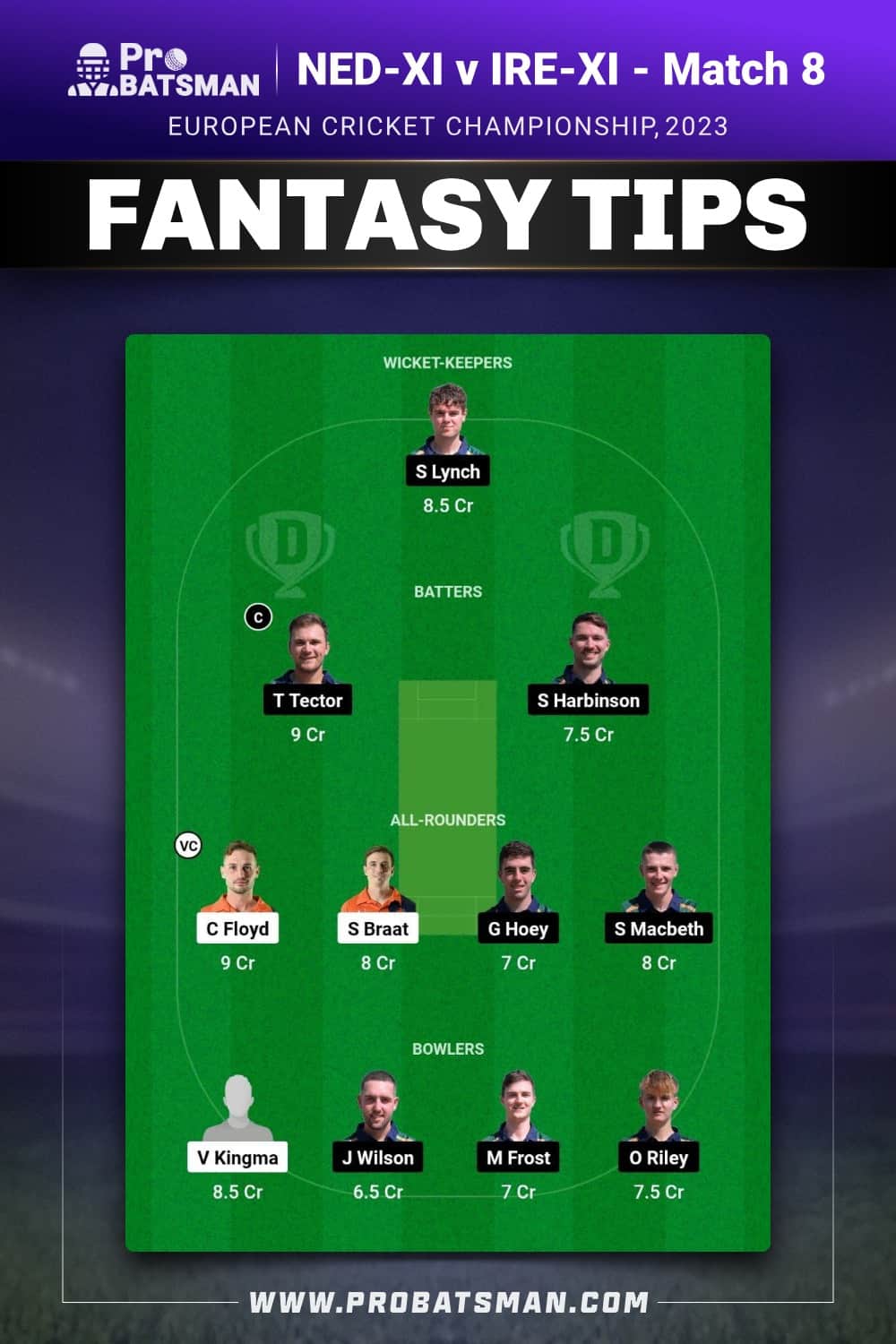 NED-XI vs IRE-XI Dream11 Prediction With Stats, Pitch Report & Player Record of European Cricket Championship, 2023 For Match 8 of Championship Week