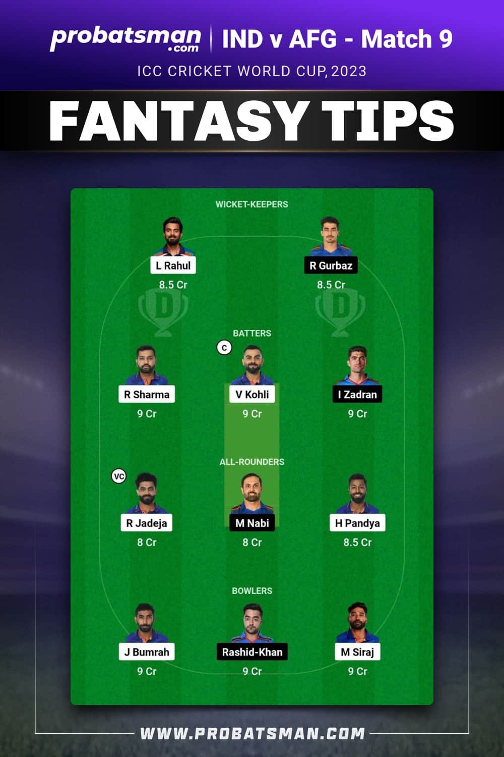 IND vs AFG Dream11 Prediction - Fantasy Team 1