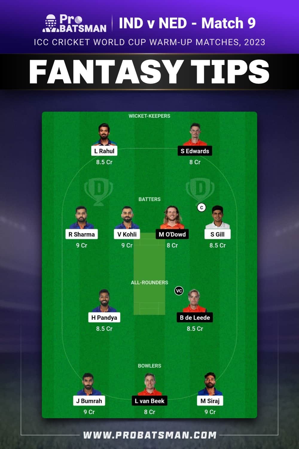 IND vs NED Dream11 Prediction With Stats, Pitch Report & Player Record of ICC Cricket World Cup Warm-up Matches, 2023 For Match 9 IND vs NED Dream11 Prediction With Stats, Pitch Report & Player Record of ICC Cricket World Cup Warm-up Matches, 2023 For Match 9