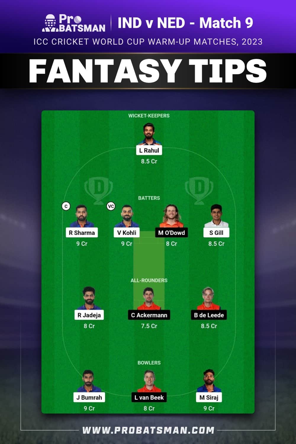 IND vs NED Dream11 Prediction With Stats, Pitch Report & Player Record of ICC Cricket World Cup Warm-up Matches, 2023 For Match 9 IND vs NED Dream11 Prediction With Stats, Pitch Report & Player Record of ICC Cricket World Cup Warm-up Matches, 2023 For Match 9