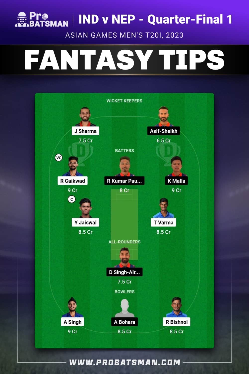 IND vs NEP Dream11 Prediction - Fantasy Team 1