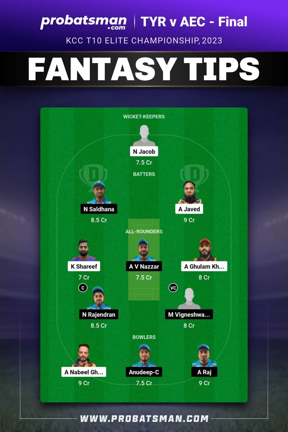 TYR vs AEC Dream11 Prediction - Fantasy Team 1