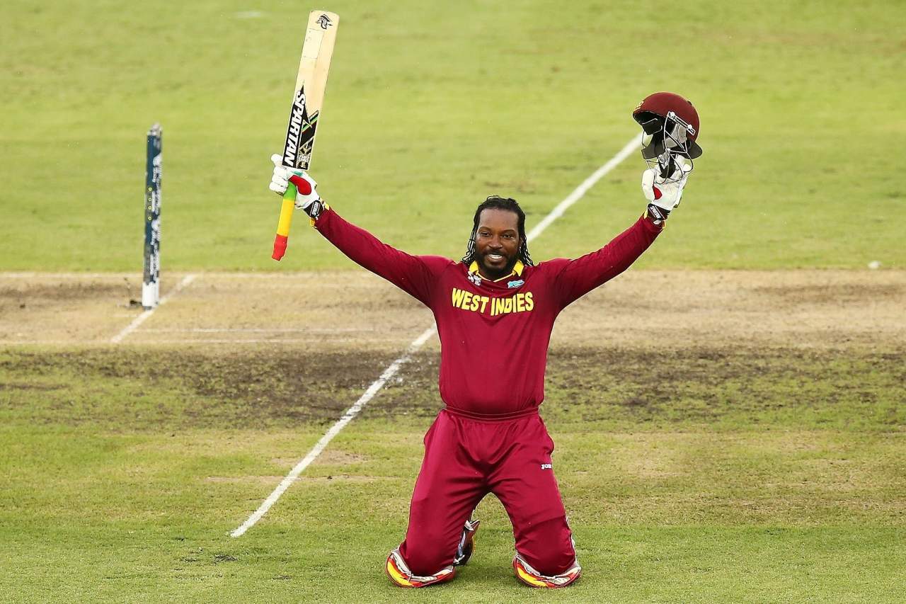 Chris Gayle celebrating his double century