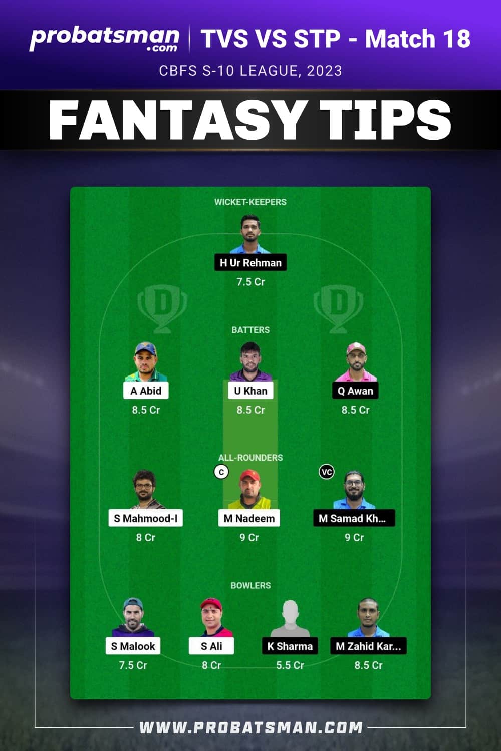 TVS vs STP Dream11 Prediction - Fantasy Team 1 TVS vs STP Dream11 Prediction - Fantasy Team 1