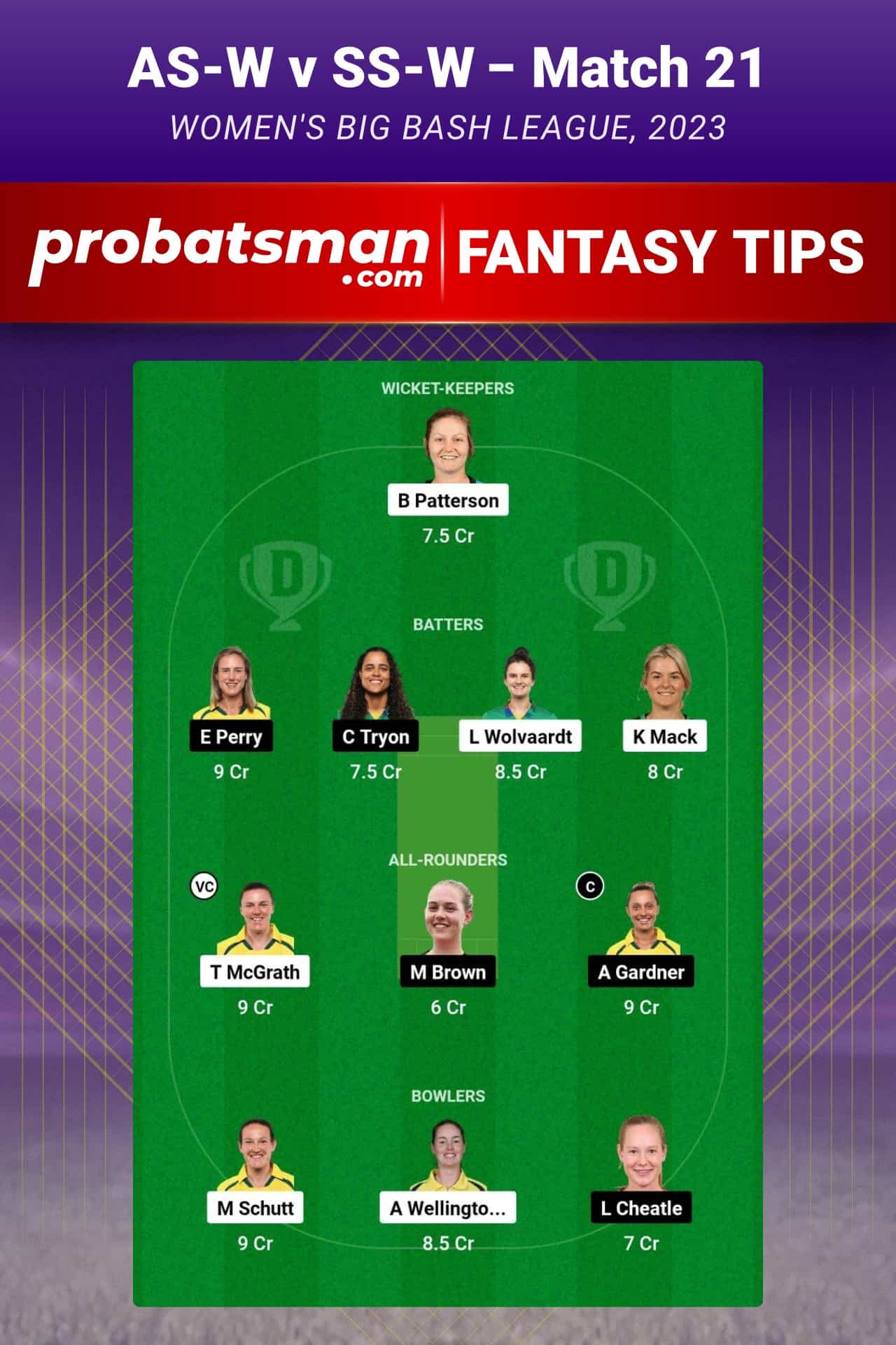 AS-W vs SS-W Dream11 Prediction - Fantasy Team 1