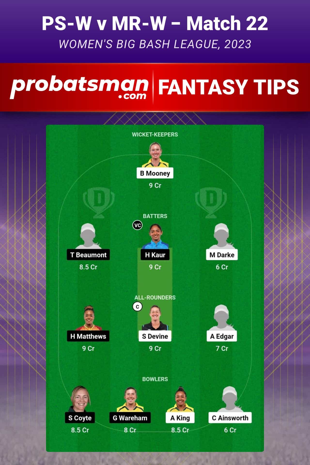 PS-W vs MR-W Dream11 Prediction With Stats, Pitch Report & Player Record of Women's Big Bash League (WBBL), 2023 For Match 22 PS-W vs MR-W Dream11 Prediction - Fantasy Team 2