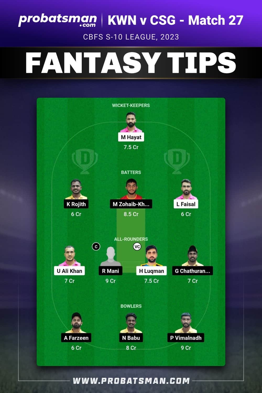 KWN vs CSG Dream11 Prediction - Fantasy Team 1 KWN vs CSG Dream11 Prediction - Fantasy Team 1