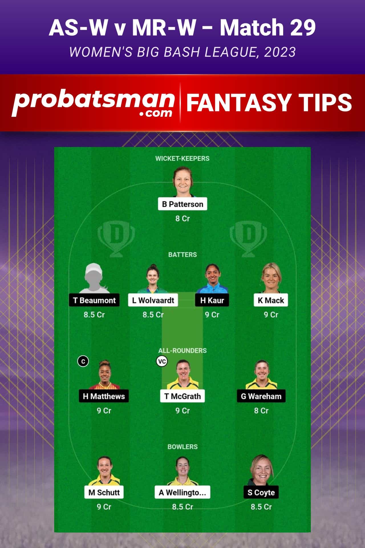 AS-W vs MR-W Dream11 Prediction - Fantasy Team 1