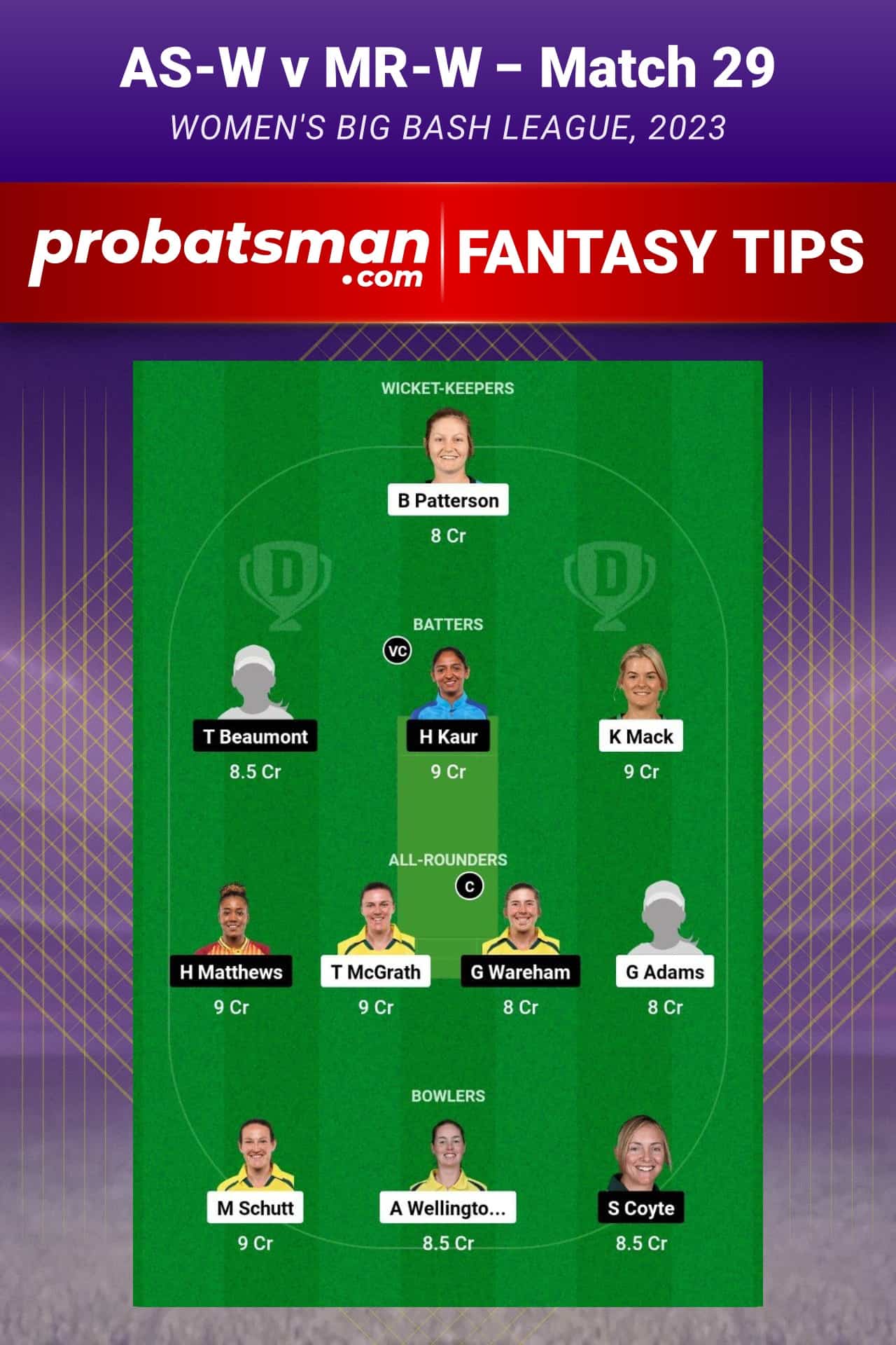 AS-W vs MR-W Dream11 Prediction - Fantasy Team 2