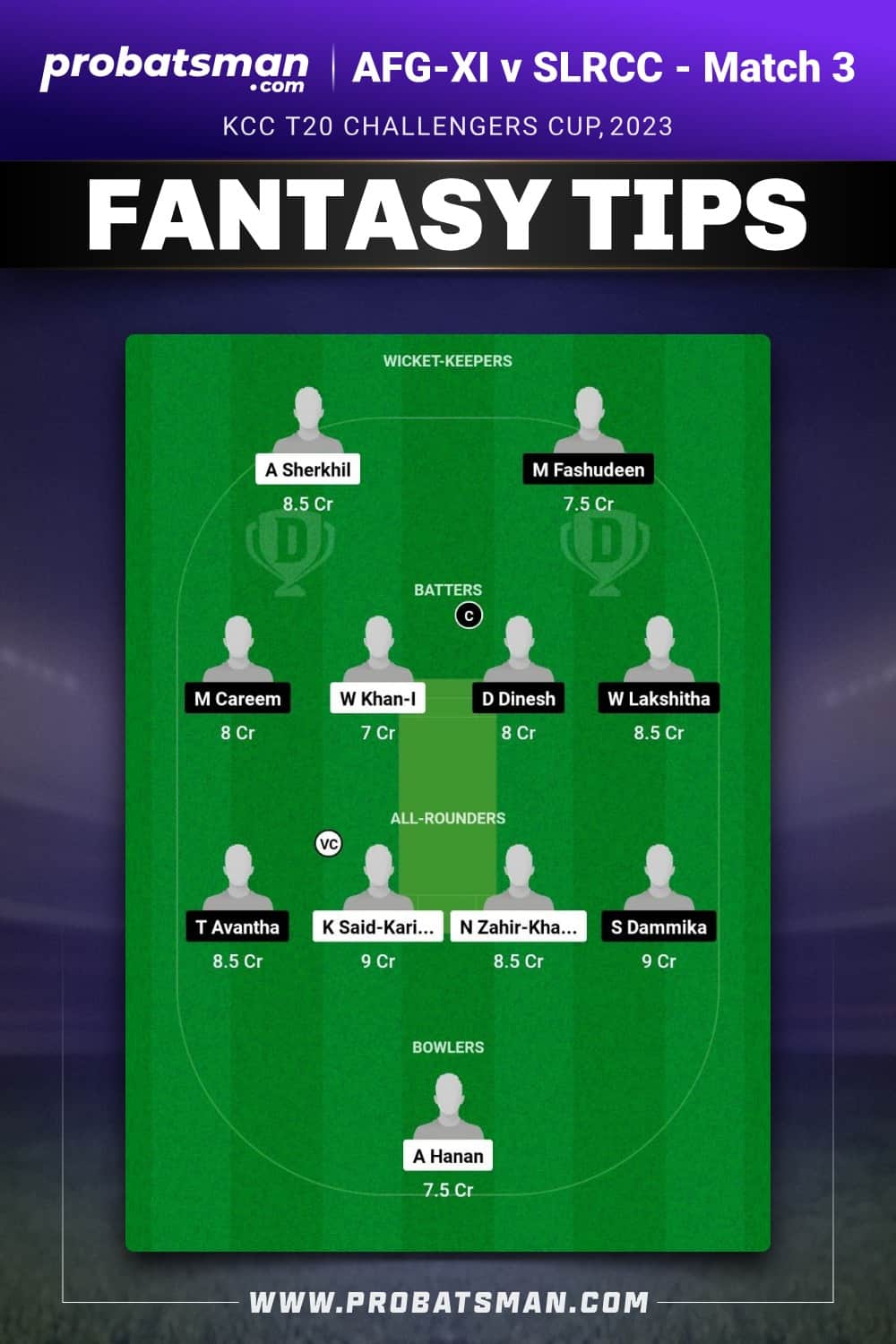 AFG-XI vs SLRCC Dream11 Prediction With Stats, Pitch Report & Player Record of KCC T20 Challengers Cup, 2023 For Match 3 AFG-XI vs SLRCC Dream11 Prediction - Fantasy Team 2