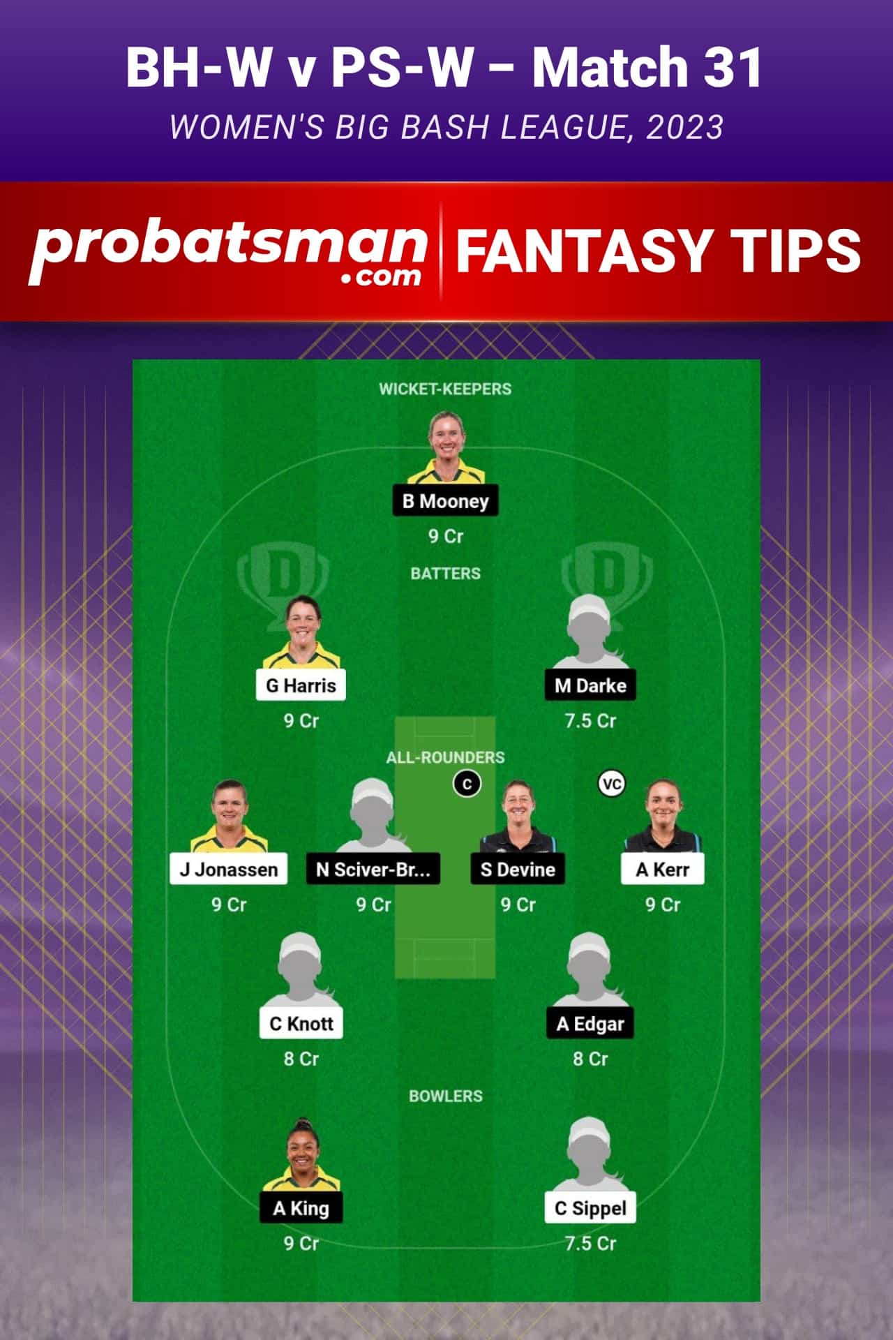 BH-W vs PS-W Dream11 Prediction - Fantasy Team 1