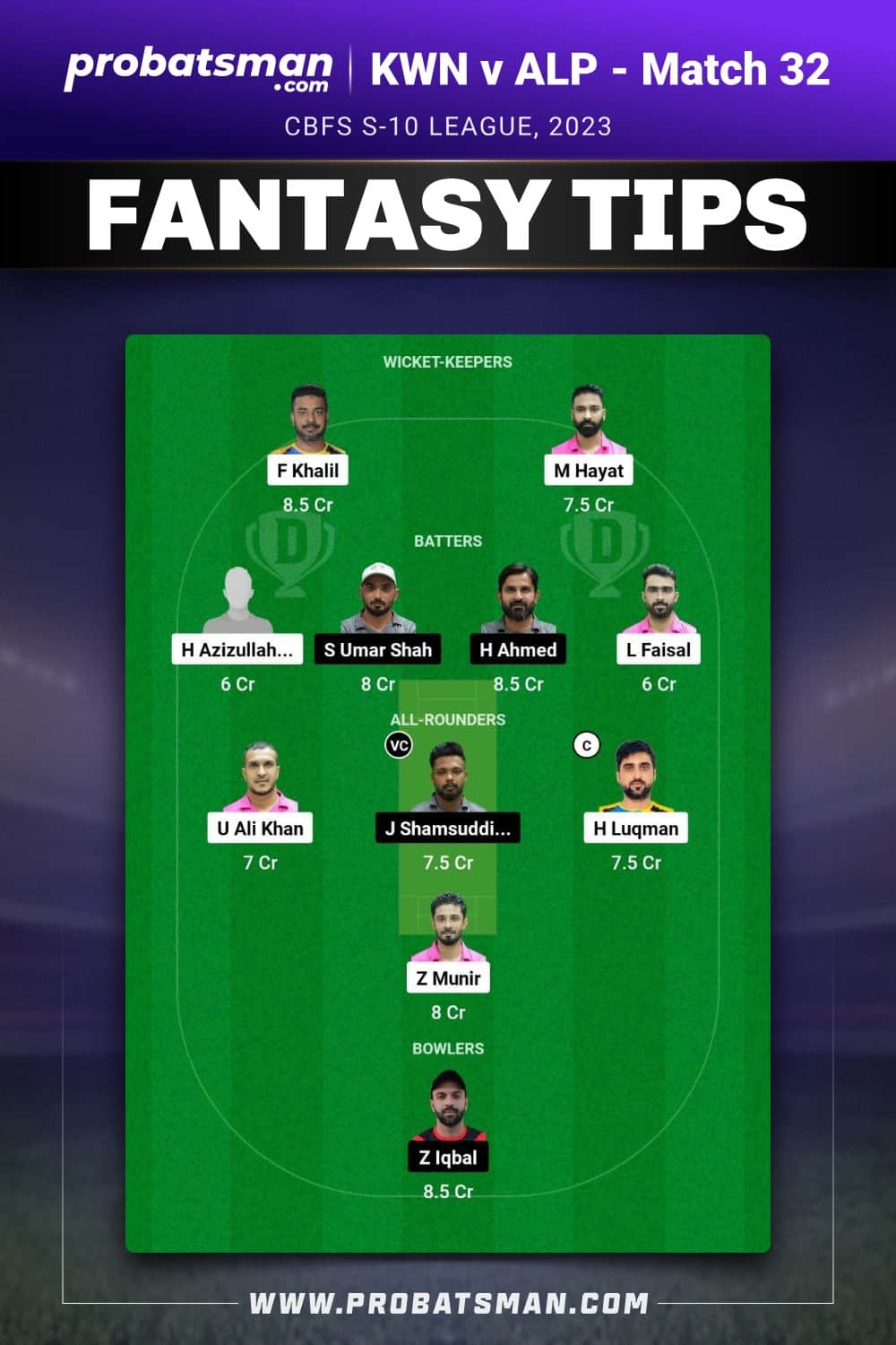 KWN vs ALP Dream11 Prediction - Fantasy Team 1 KWN vs ALP Dream11 Prediction - Fantasy Team 1